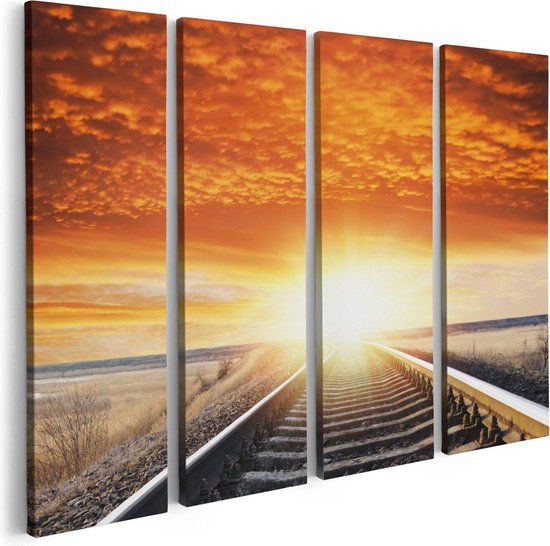 Artaza Canvas Schilderij Vierluik Rails Spoorweg Bij Zonsondergang - 80x60 - Foto Op Canvas - Canvas Print