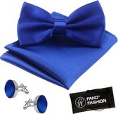 Fako Fashion® - Vlinderstrik, Pochette & Manchetknopen - Vlinderdas - Strikje - Pochet - Satijn - Royal Blauw