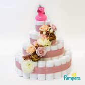 Pampertaart / Luiertaart met bloemen XL - Meisje - 58 Pampers - 4 laags - Roze