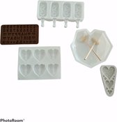 3D  3d siliconen mallen set - Grote hart + 2 hamertjes- kleine hartjes- baby voetjes - hartvorm - ijslolly's magnum's - kaarsmal - zeepmal - chocolade/ gips