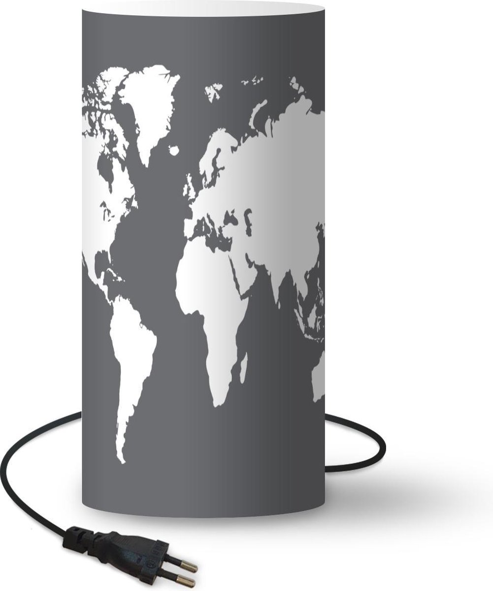 Lamp - Nachtlampje - Tafellamp slaapkamer - Wereldkaart - Wit - Grijs - 33 cm hoog - Ø15.9 cm - Inclusief LED lamp