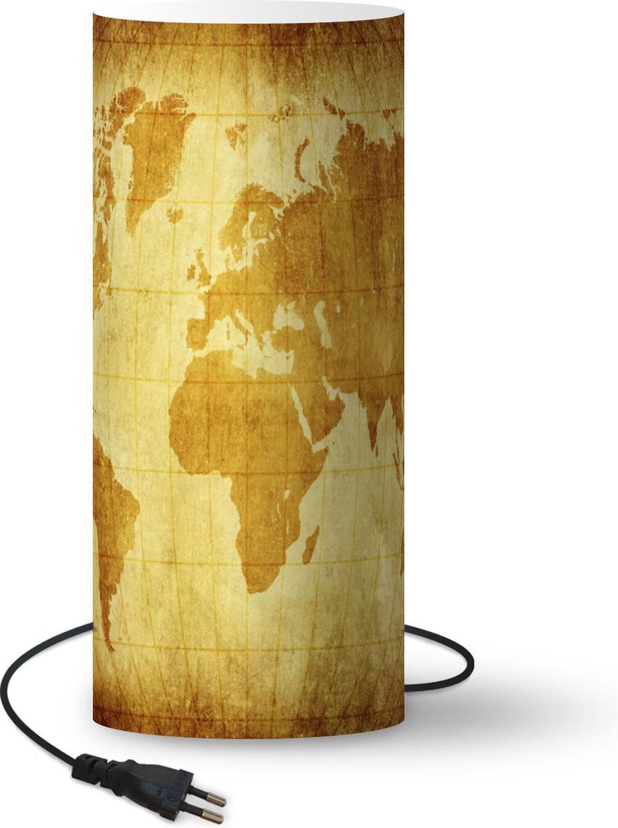 Lamp - Nachtlampje - Tafellamp slaapkamer - Wereldkaart - Vintage - Bruin - 33 cm hoog - Ø14.3 cm - Inclusief LED lamp