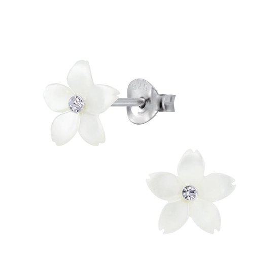 Joy|S - Zilveren bloem oorbellen - wit shell - 8 mm