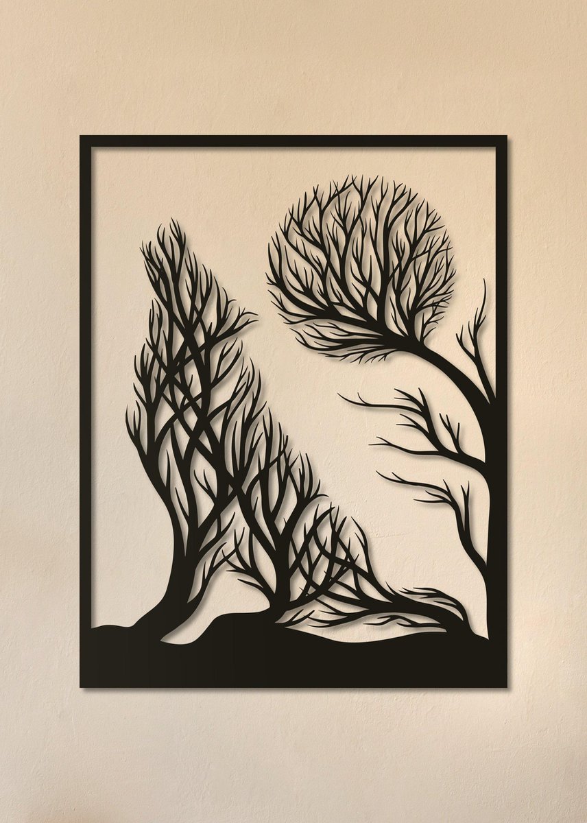 Wanddecoratie dieren | Wolf met volle maan van takken - XL (62x80cm)