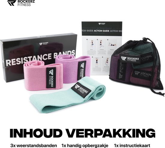 Rockerz Weerstandsbanden - Booty Band - Resistance band - Fitness elastiek - 3 Stuks met opbergzakje - Kleur: Pastel - Rockerz