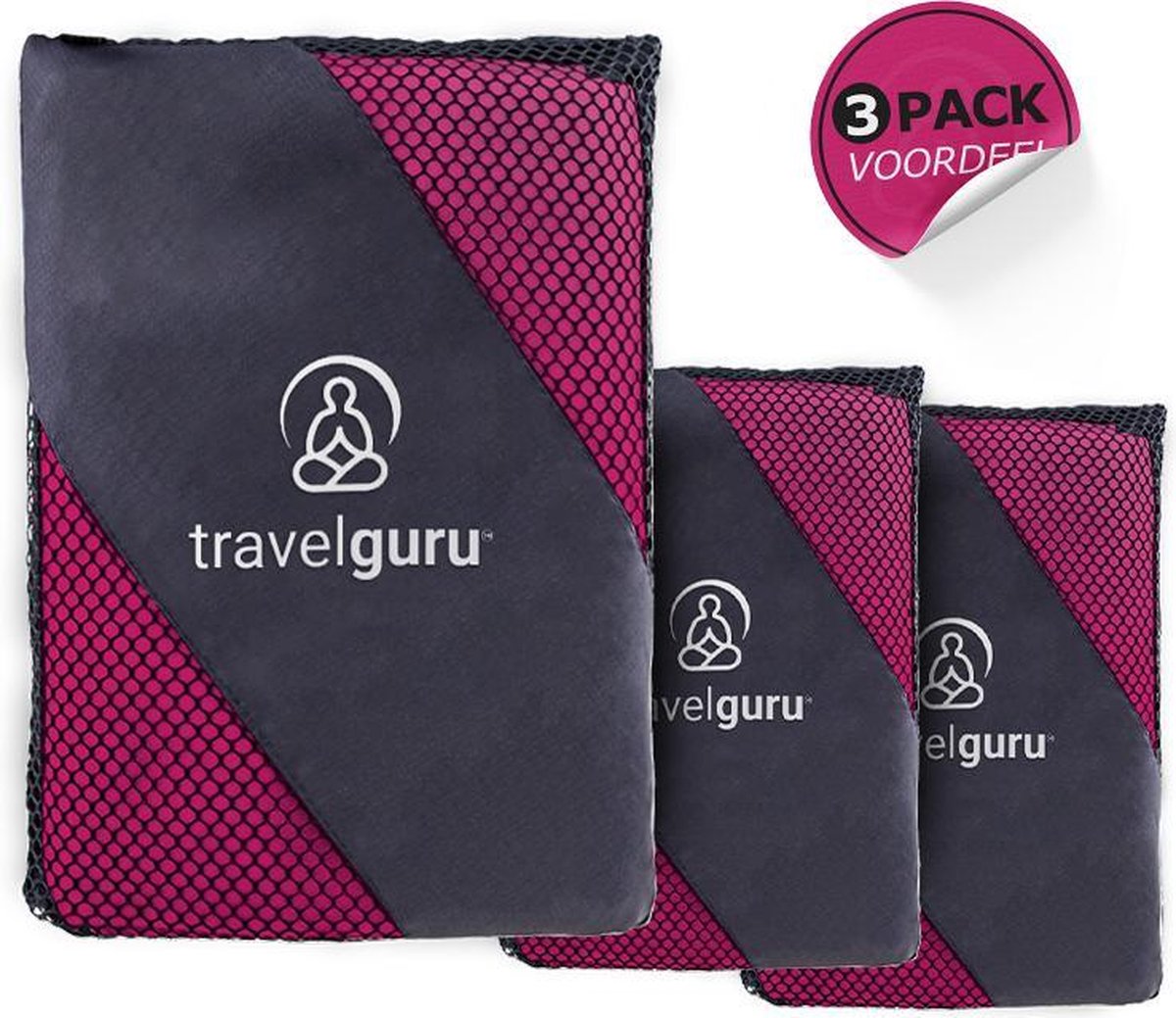 Travelguru™ Microvezel Reishanddoek Set van 3 - 1x Large (85 * 150cm), 2x Small (40 * 80 cm) - Microvezel handdoek - Sneldrogende, lichtgewicht handdoek ideaal voor sporten, reizen, outdoor & strand - Microfiber Travel Towel XL - Roze