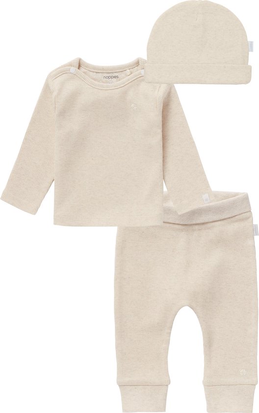 Noppies SET(3delig) Broekje NAURA en Shirt NATAL oatmeal, met Mutsje Nevel - Maat 50