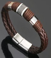 Trendy Gevlochten Leren Heren Armband - Bruin / Zilver - 21 cm | Sieraad Kerst / Sinterklaas / Feestdagen