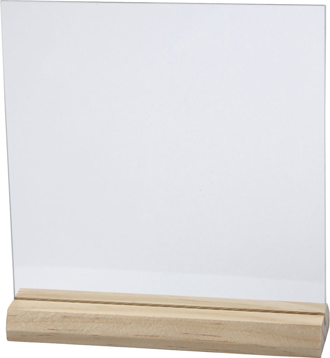 Glazen plaat met houten voet, afm 15,5x15,5 cm, dikte 28 mm, 10 set