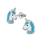 Joy|S - Zilveren eenhoorn oorbellen - turquoise/ blauwe unicorn oorknoppen