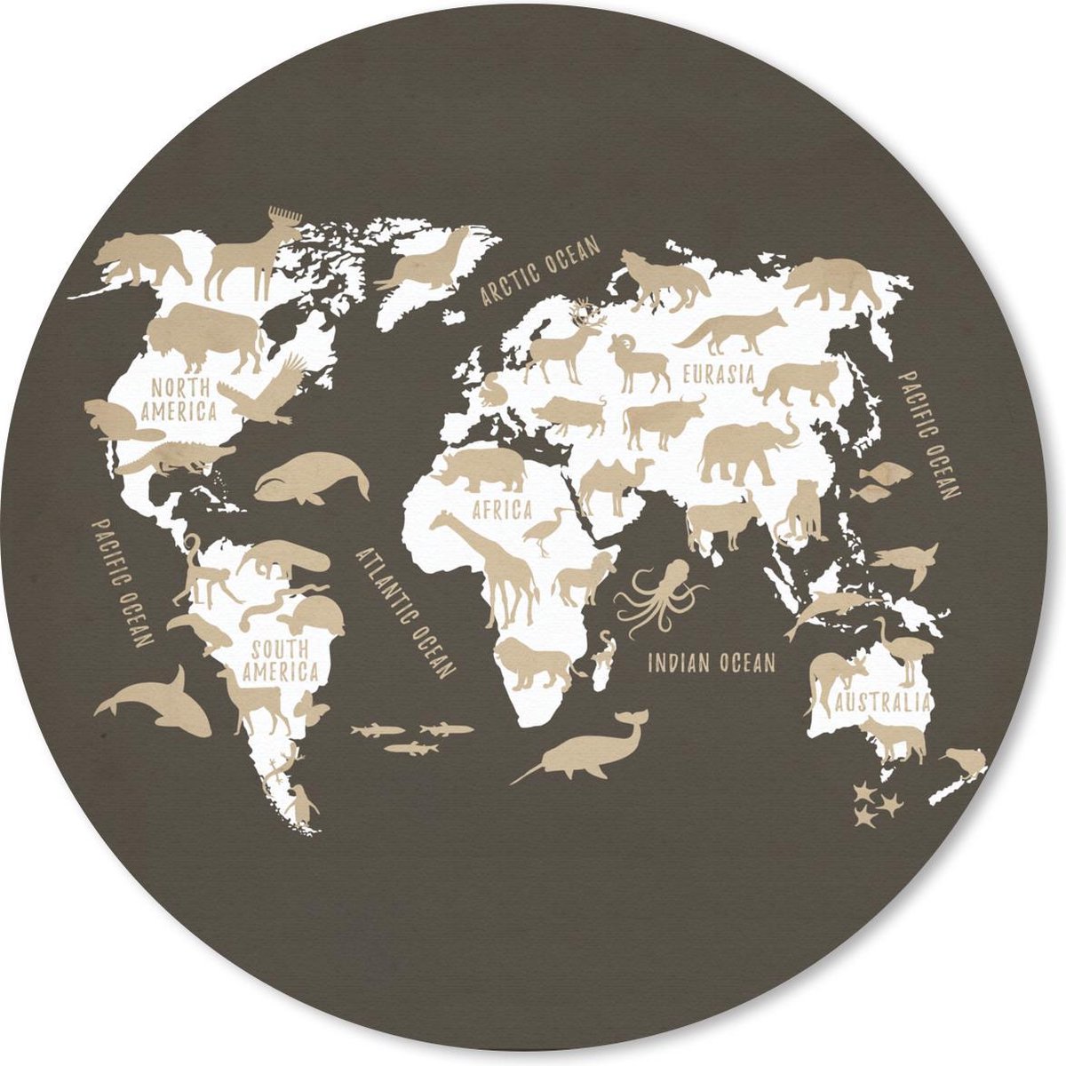 Muismat rond 50x50 cm - Mousepad Wereldkaart - Wit - Dieren - Ronde muismatten