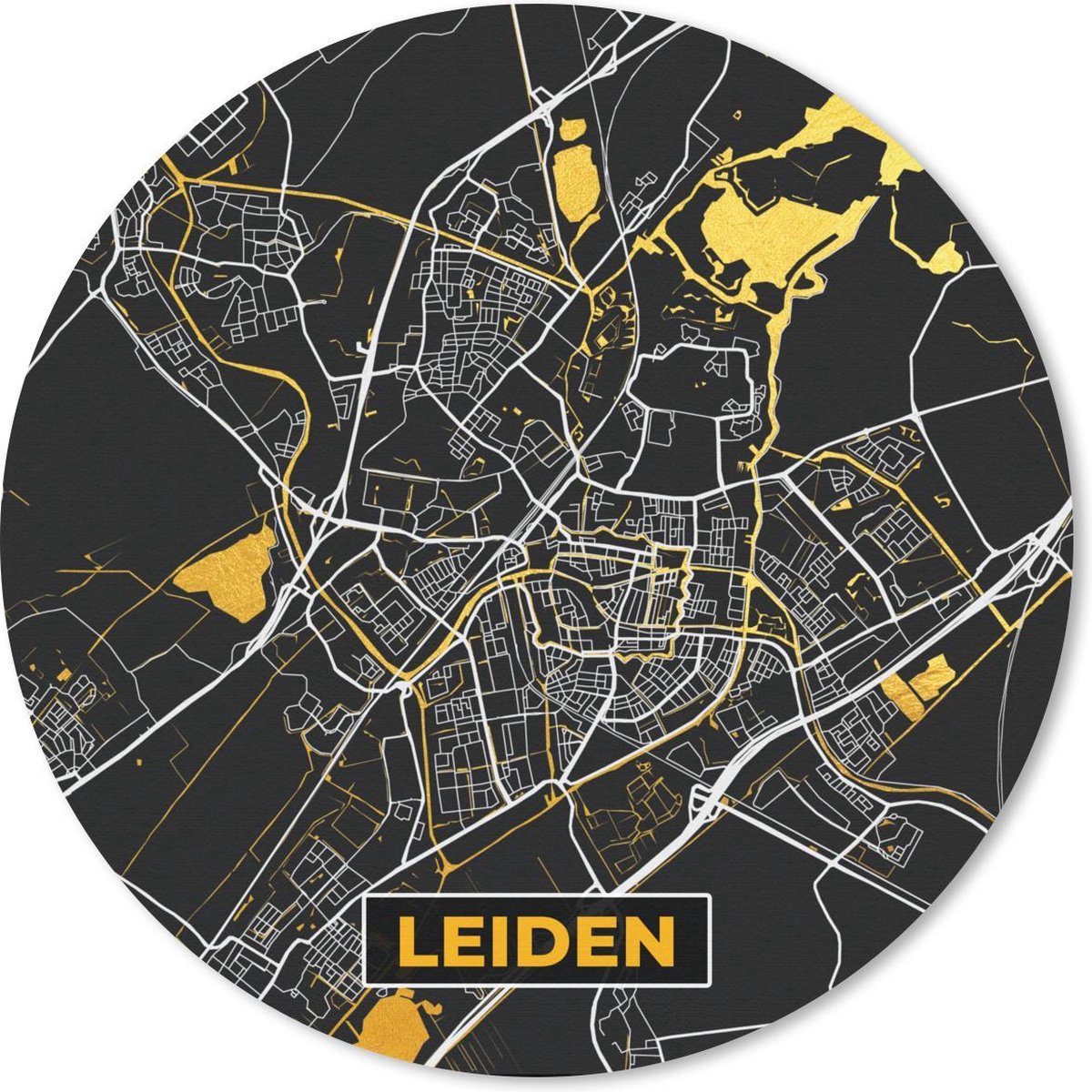 Muismat rond 50x50 cm - Mousepad Plattegrond - Leiden - Goud - Zwart - Ronde muismatten - Stadskaart