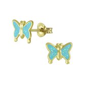 Joy|S - Zilveren vlinder oorbellen -glitter blauw - 14k goudplating