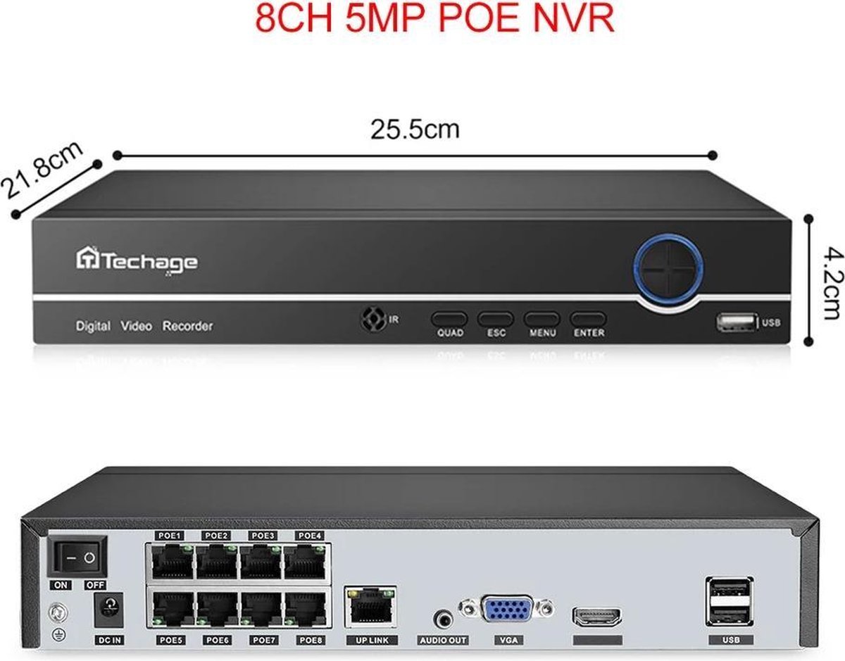 Techage NVR 8x PoE Netwerk Video Recorder. tot: 5Mp, 10Tb, 16 Camera's