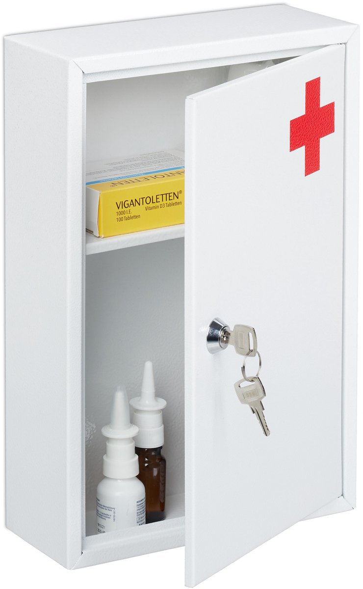 medicijnkast wand - afsluitbaar - 2 vakken - met slot - 32 x 21,5 x 8 cm - wit-rood