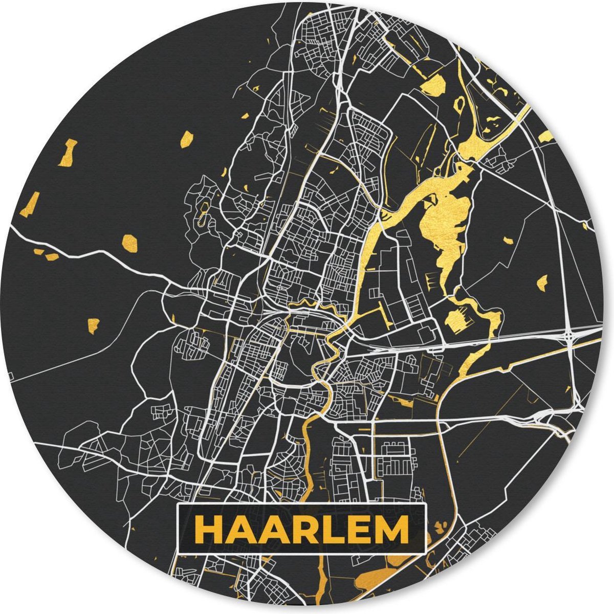 Muismat rond 40x40 cm - Mousepad Plattegrond - Haarlem - Goud - Zwart - Ronde muismatten - Stadskaart