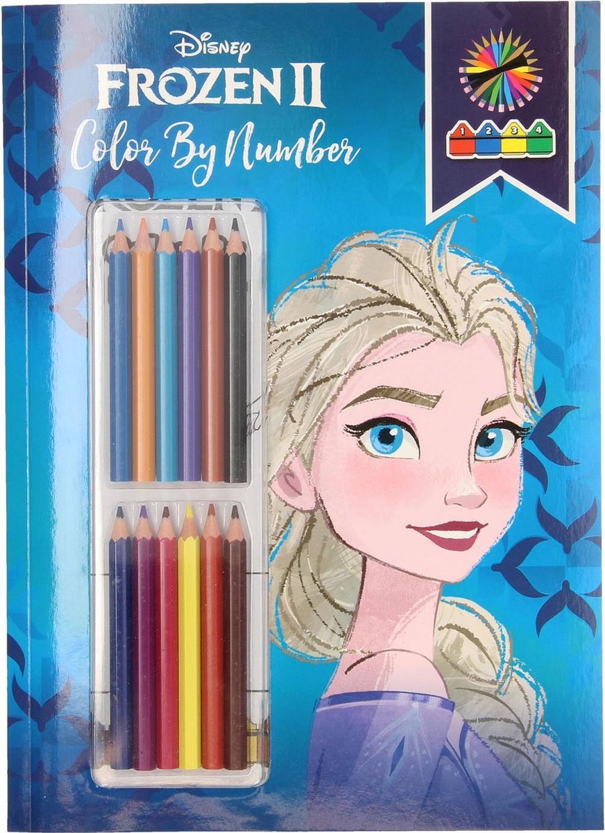 Kleurboek Frozen II met 12 kleurpotloden - kleuren op nummer Anna en Elsa