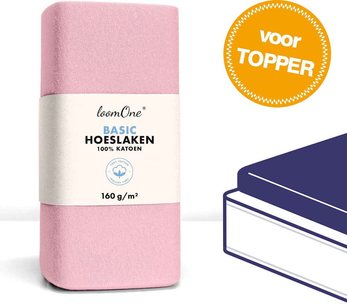 Loom One Hoeslaken Topper – 100% Jersey Katoen – 180x200 cm – tot 12cm matrasdikte– 160 g/m² – Roze
