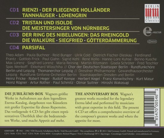 Achterkant van de "Richard Wagner: Highlights" 4CD-box. Tracklists en informatie in het Duits en Engels.
