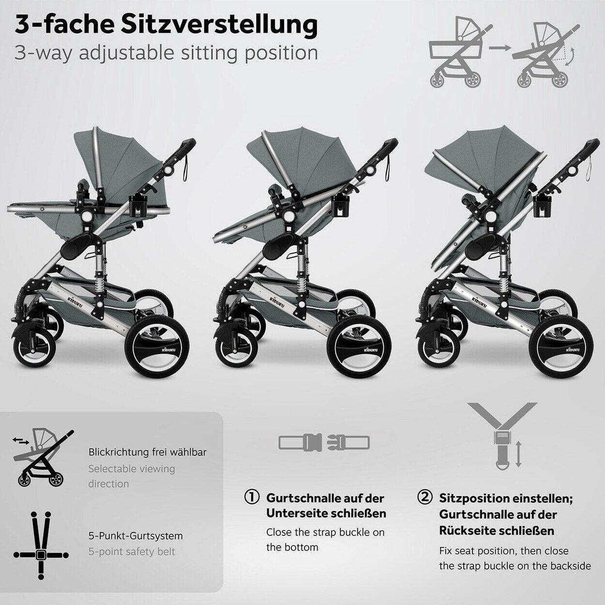KIDUKU 3 in 1 Combi-Kinderwagen Grijs/Zilver Inklapbaar - afbeelding 3