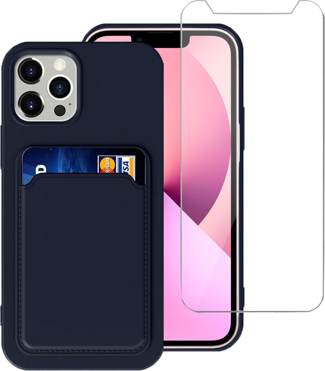 Geschikt voor iPhone 13 Pro Hoesje Siliconen Blauw Pasjeshouder Case + Screenprotector