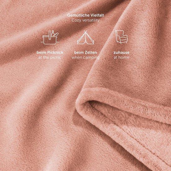 Textuur van een oud roze fleecedeken met pictogrammen voor picknick, kamperen en thuis.