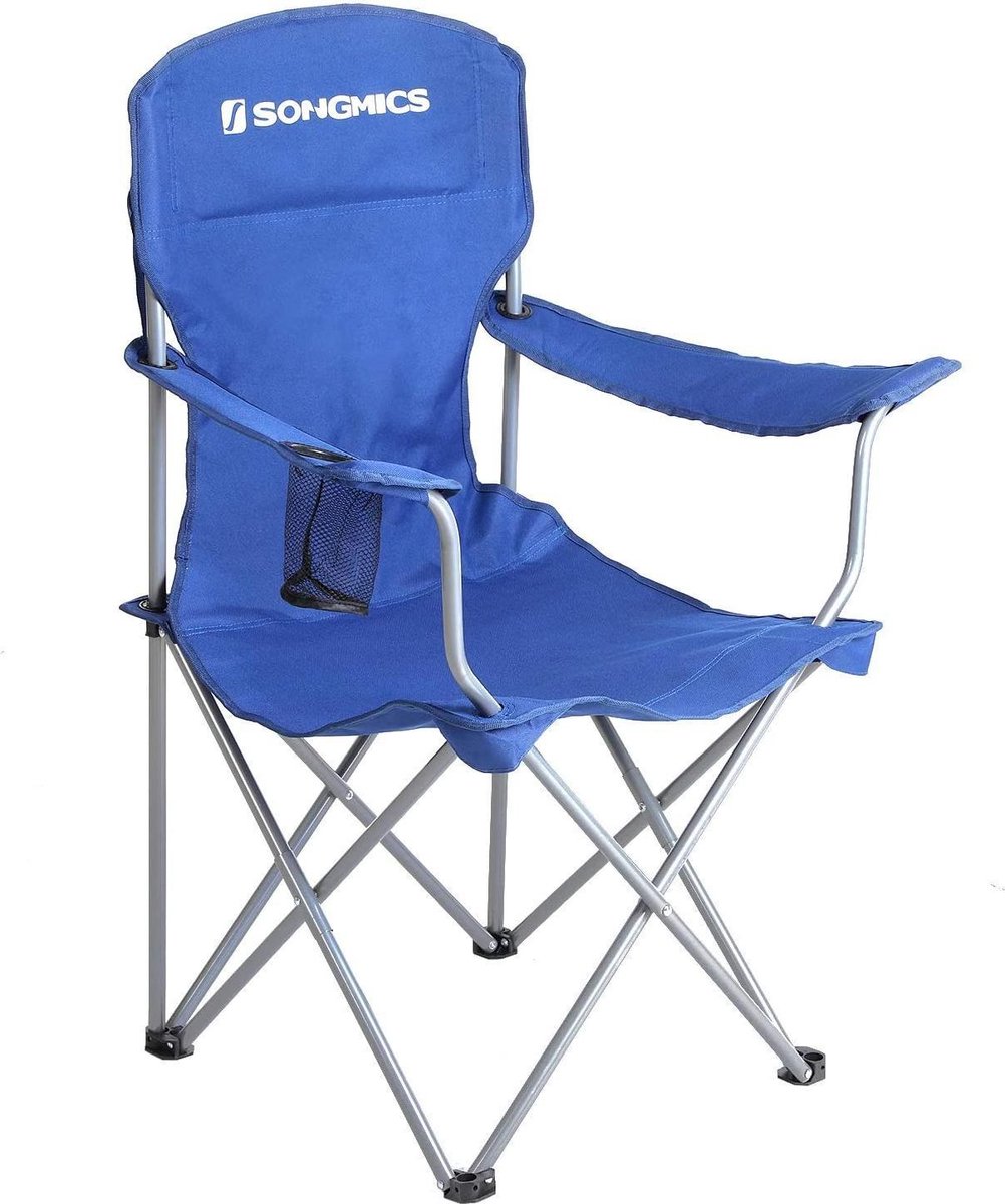 Campingstoel, set van 2, inklapbaar, comfortabel, klapstoel met robuust frame, belastbaar tot 150 kg, met flessenhouder, outdoor stoel, blauw HMCB08BU, XL