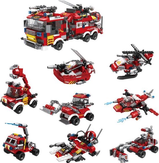 Brickzz | 8 in 1  Brandweerauto - Brandweerwagens - Brandweerman - Bluswagen - Helikopter - Boot - Vrachtwagen - Brandweerkazerne - Ladderwagen - Fireman - Creator - City - compatibel met grote merken - Geschikt voor  Brandweer - 806 Bouwstenen