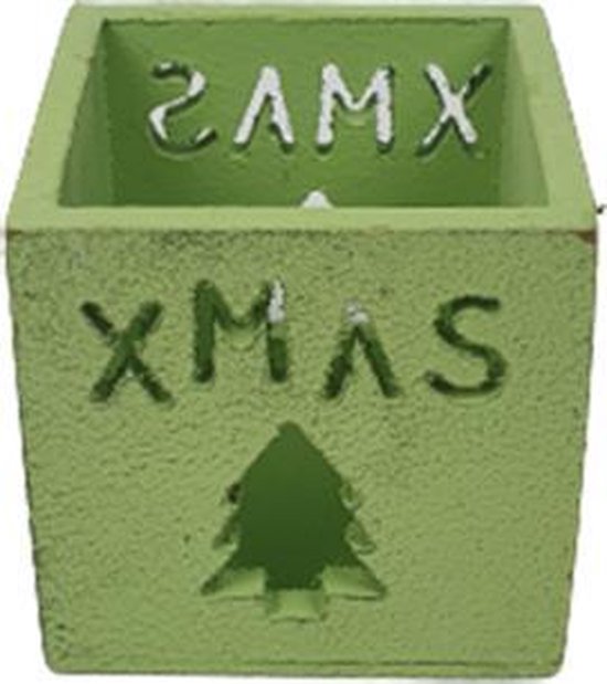 XMAS Waxinelichtjeshouder - Kerstboom - Groen - Kerst - Hout - 8 x 8 x 8cm