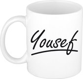 Yousef naam cadeau mok / beker met sierlijke letters - Cadeau collega/ vaderdag/ verjaardag of persoonlijke voornaam mok werknemers
