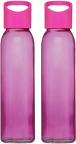 2x stuks glazen waterfles/drinkfles transparant roze met schroefdop met handvat 500 ml - Sportfles - Bidon