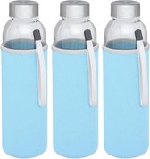 6x stuks glazen waterfles/drinkfles met lichtblauwe softshell bescherm hoes 500 ml - Sportfles - Bidon