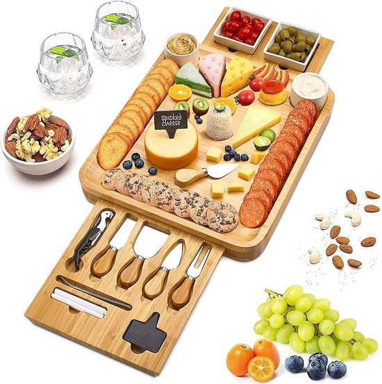Laguiole Style De Vie Premium Line - Kaasmessenset - Zwart Met Acaciahouten Serveerplank 5 Delig