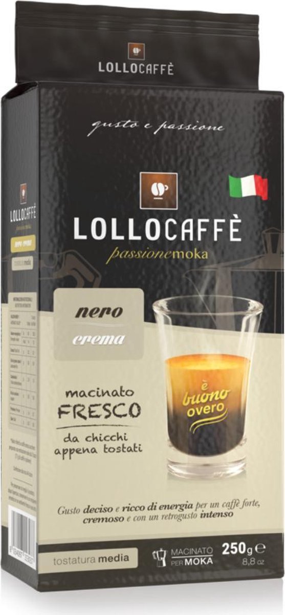Lollo Caffè Nero - Gemalen koffie uit Napels - 250 gram - perfect voor Bialetti Moka, Filter Koffie, Moccamaster, enz.