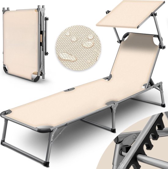 Tillvex - Aluminium ligstoel, Beige opvouwbaar met dak tuinstoel ligbed strandstoel camping
