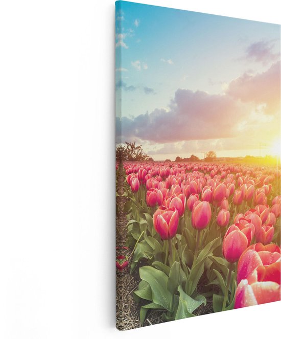Artaza Canvas Schilderij Roze Tulpen Bloemenveld - Met Windmolen - 80x120 - Groot - Foto Op Canvas - Canvas Print
