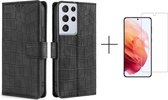 Telefoonhoesje Samsung Galaxy S21 Ultra | Hoogwaardig Pu Leren Bookcase | Pasjeshouder | Luxe Uitstraling | Zwart + 1x screenprotector