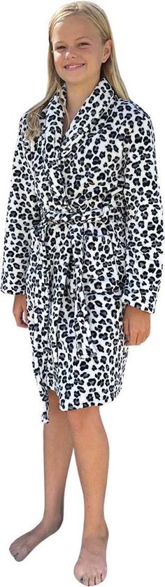 Kinderbadjas panter print zwart/wit – 100% flanel fleece – badjas kind luipaard – Badrock kindermodel – fleecebadjas kind - XL (11-13 jaar) 152-158