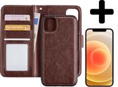 Hoes voor iPhone 12 Hoesje Case Uitneembaar Met Screenprotector - Hoes voor iPhone 12 Bookcase Hoes Wallet Case Met Screenprotector - Bruin