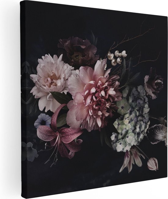 Artaza - Peinture sur toile - Diverse Fleurs sur fond Zwart - 40x40 - Klein - Photo sur toile - Impression sur toile