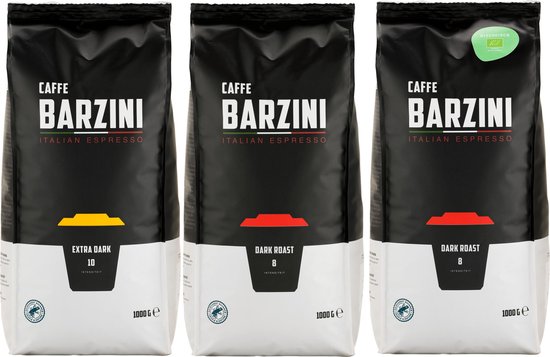 Barzini - Koffiebonen proefpakket - Dark Roast, Extra Dark & Dark Roast Biologisch Rainforest Alliance Koffiebonen - Blend / Melange Arabica - Robusta - espresso bonen, specialty koffie, lungo