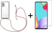 Samsung A52 Hoesje - Samsung Galaxy A52 hoesje transparant met rosé koord shock proof case - 1x Samsung A52 screenprotector