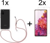 Samsung S20 FE Hoesje - Samsung Galaxy S20 FE hoesje transparant met rosé koord shock proof case - 2x Samsung S20 FE screenprotector