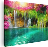 Artaza - Peinture sur toile - Cascade avec des Fleurs roses et vertes - 80x60 - Photo sur toile - Impression sur toile