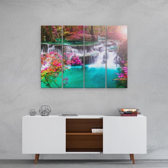 Artaza Toile Peinture Quadrutych Cascade En Automne Avec Fleurs Colorées - 80x60 - Image Sur Toile - Impression Sur Toile