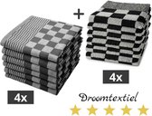 Droomtextiel - Keuken set - 4x Theedoeken + 4x Keukendoeken - 100% Katoen - Zwart Wit - Horecakwaliteit - Sneldrogend - Geblokt -
