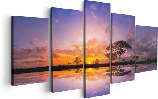 Artaza Canvas Schilderij Vijfluik Silhouet Van Bomen Tijdens Zonsondergang - 100x50 - Foto Op Canvas - Canvas Print