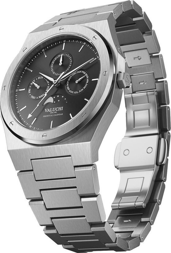 Montre Homme Valuchi Calendrier Lunaire Acier Inoxydable Phase de Lune - Argent Zwart