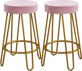 Barkruk, set van 2 barstoelen, bistrokruk, rond zitvlak van fluweel, metalen frame met voetensteun, roze