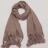 Sjaal herfst/winter effen lang met pomponnetjes taupe 180/56cm